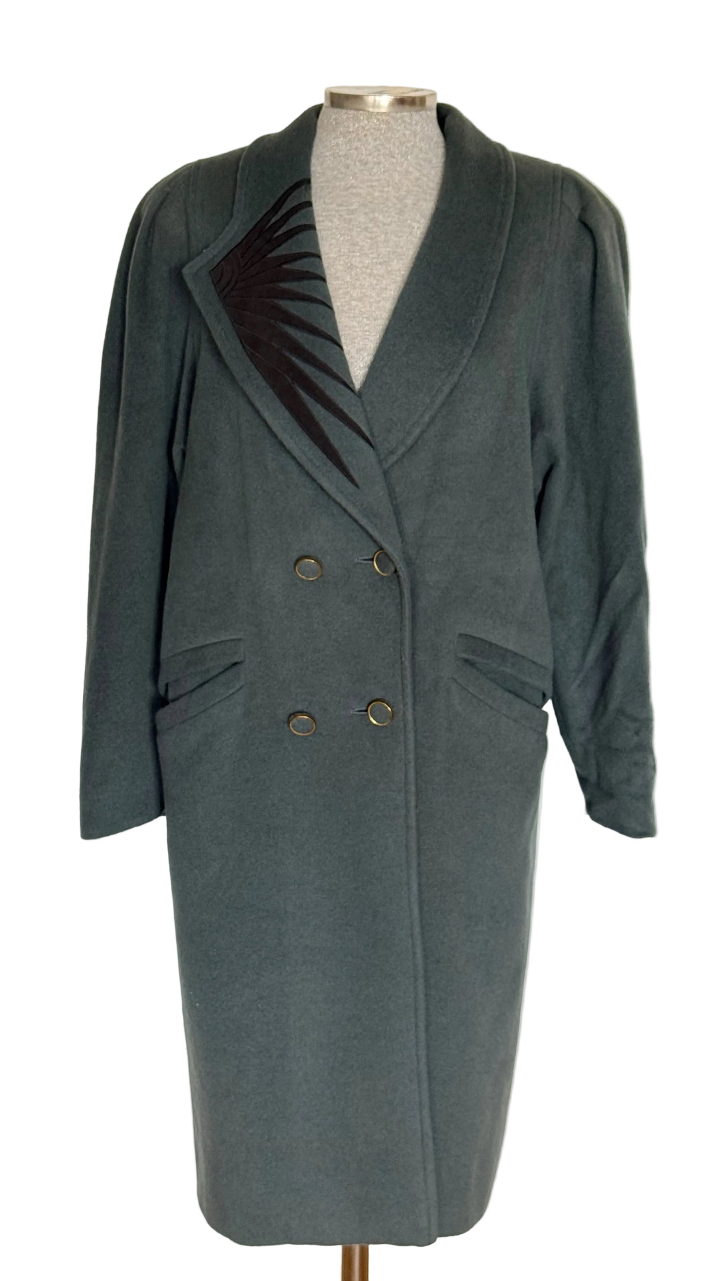 Abrigo vintage cashmere, mohair y lana verde grisáceo • Talla XL