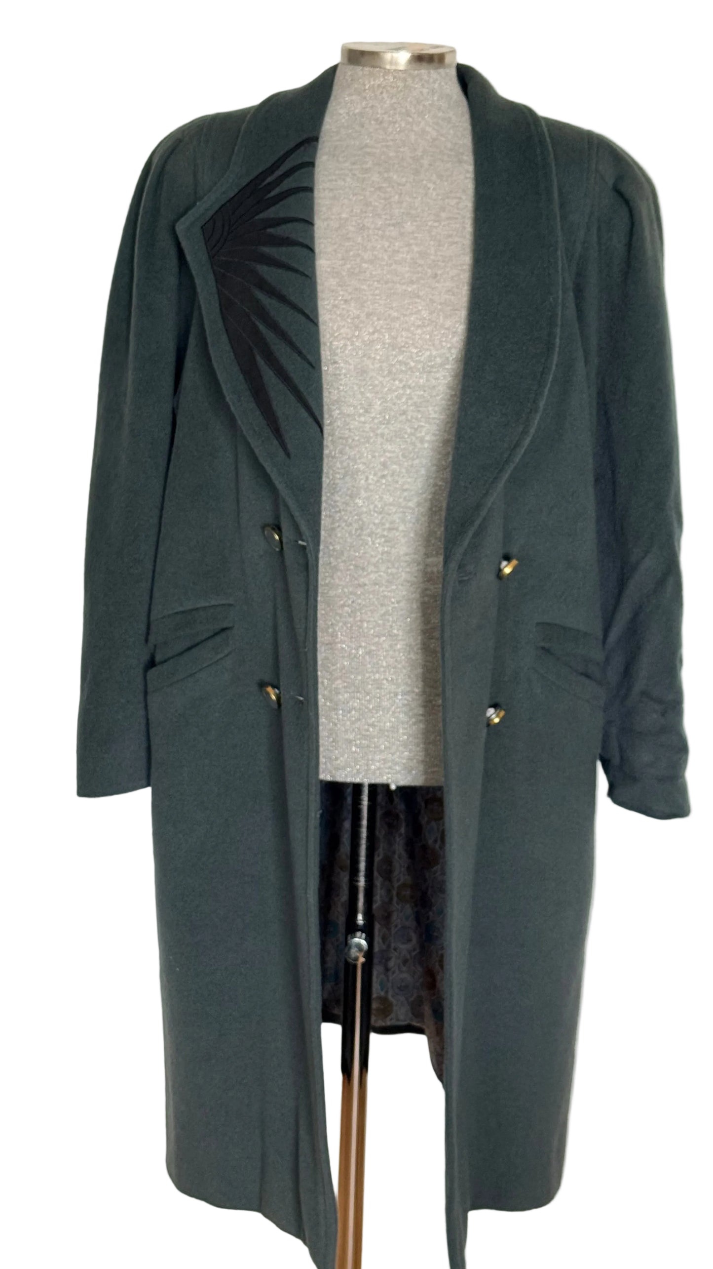 Abrigo vintage cashmere, mohair y lana verde grisáceo • Talla XL