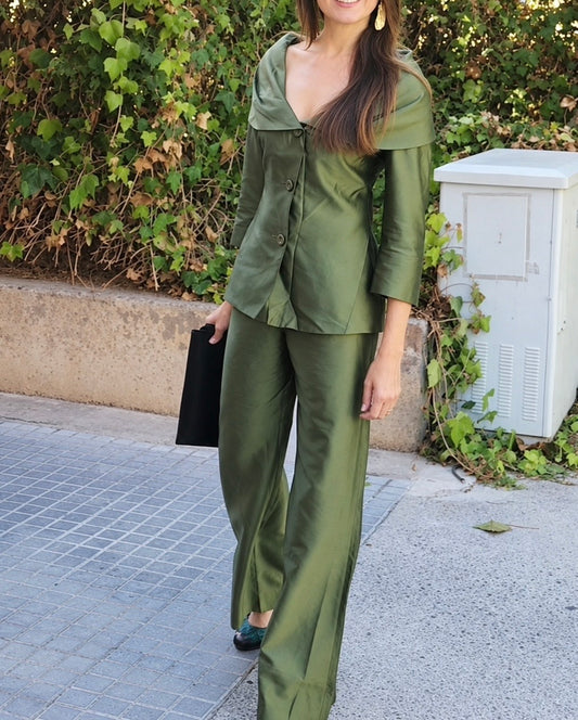 Pantalón Palazzo seda Max Mara verde oliva • Talla M