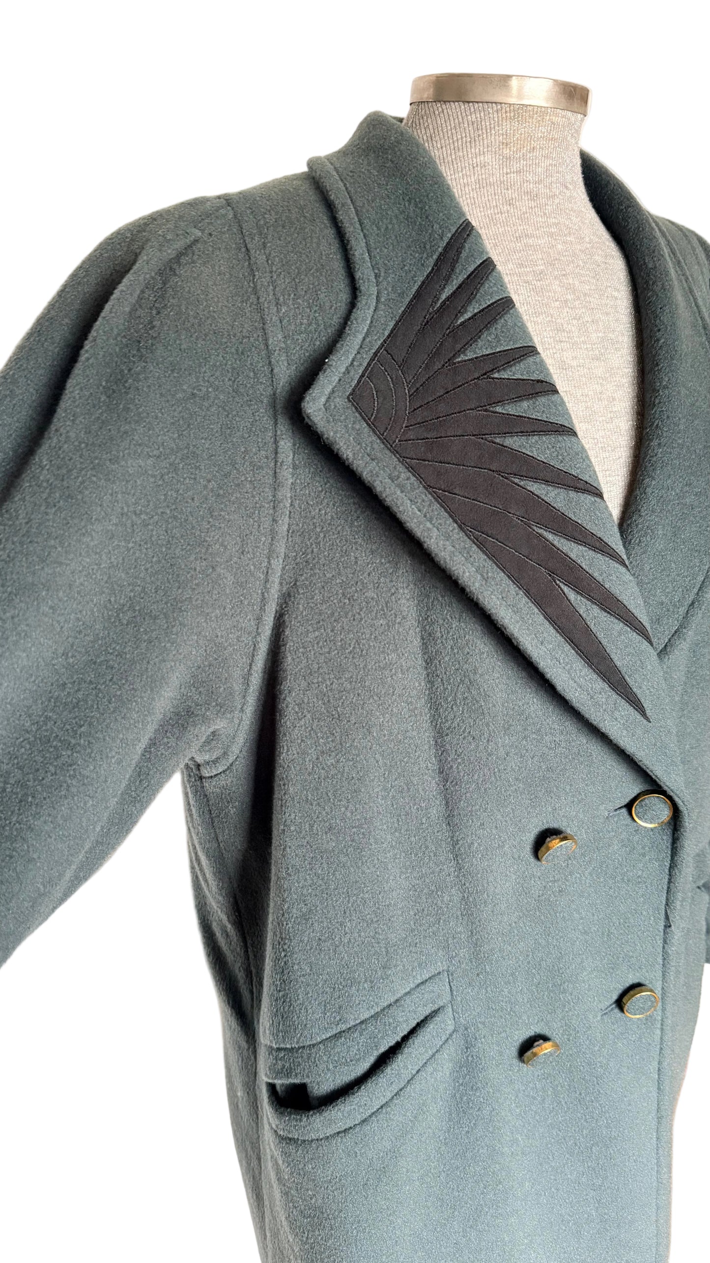 Abrigo vintage cashmere, mohair y lana verde grisáceo • Talla XL